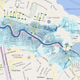 Existing conditions H&H model output depicting flooding depths, conduits, and waterways in the project area.