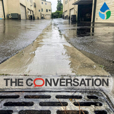 Image of rainwater flowing into a city stormwater drain with the logos for The Conversation and eDesign Dynamics.