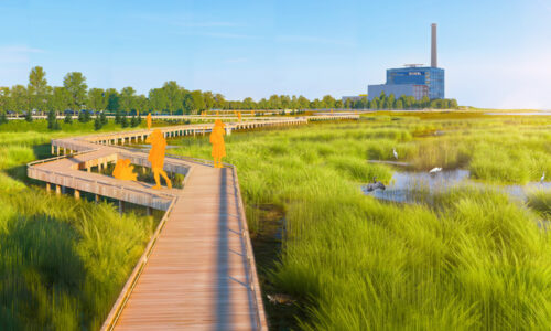 View of proposed saltmarsh complex restoration with boardwalk system. (image by SCAPE Landscape Architecture).