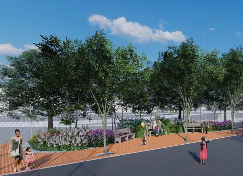 Rain garden and permeable pavers rendering for New York City public school.