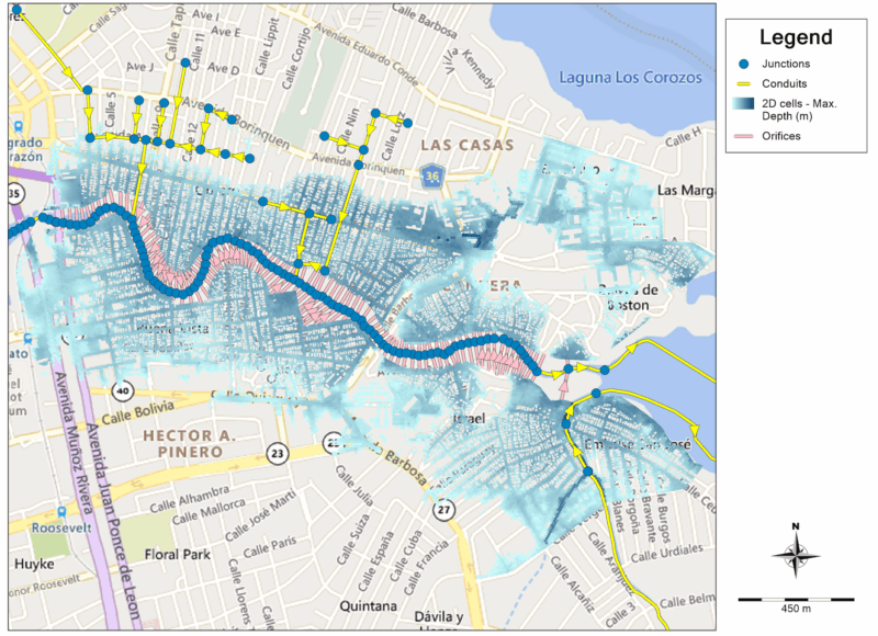Existing conditions H&H model output depicting flooding depths, conduits, and waterways in the project area.