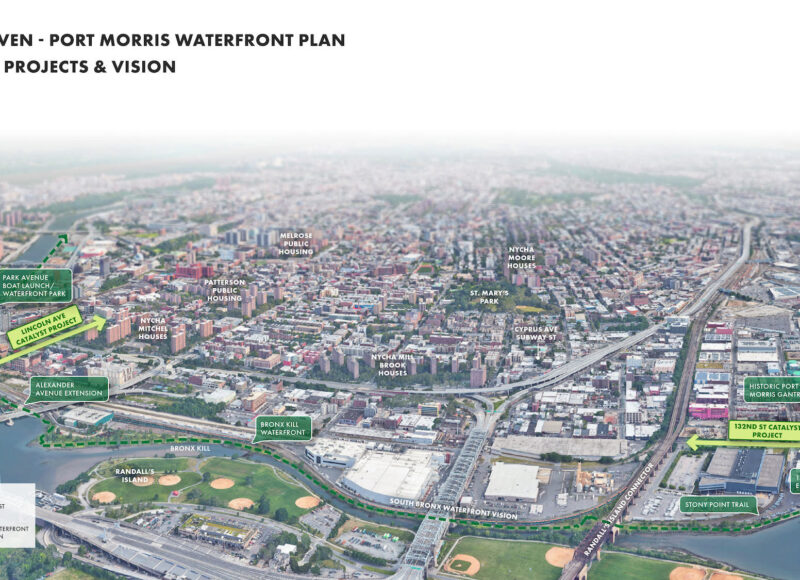 Mott Haven - Port Morris Waterfront Plan Catalyst Projects and vision plan with proposed climate-focused design elements and waterfront connection (image by ONE Architecture & Urbanism).