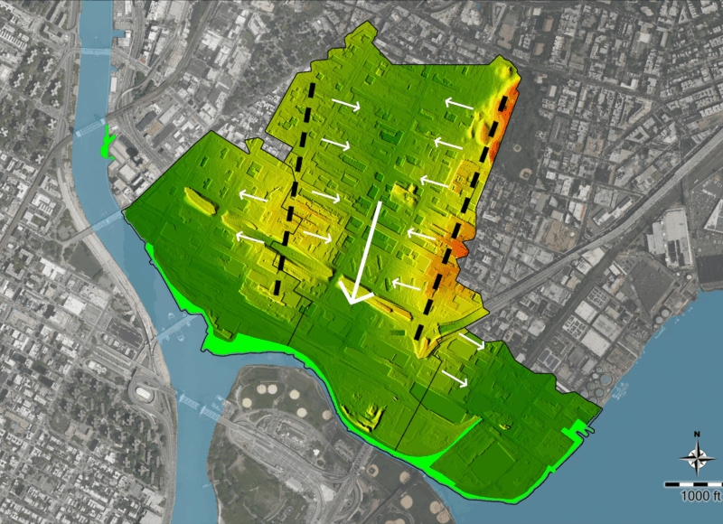 Fluvial flooding watershed analysis completed to estimate feasibility of street-scale green infrastructure (GI) and detention interventions to mitigate flood risk.