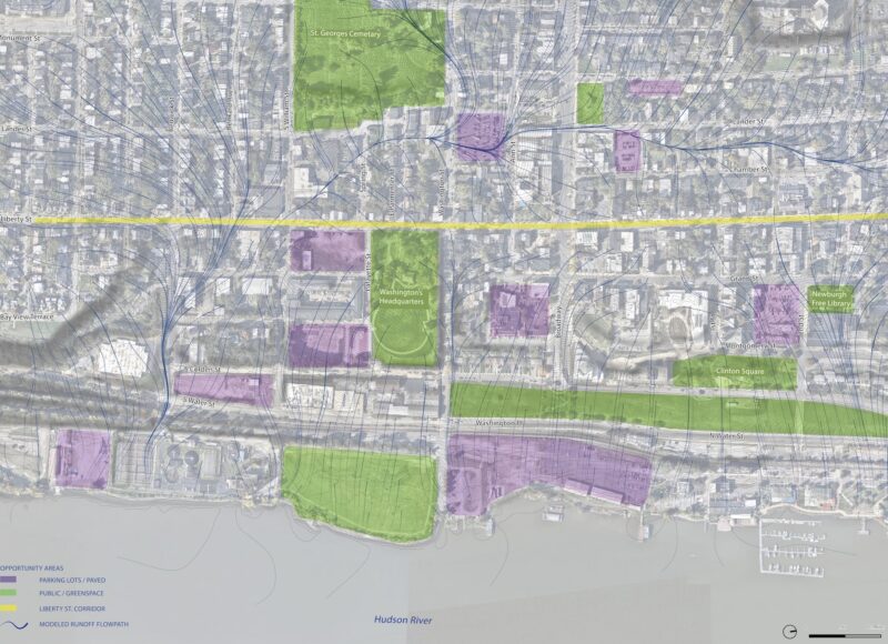 Hydrological analysis of overland flow during intense storm events, showcasing the steep topographic landscape as well as opportunity areas for residential-, street-, and parcel-level strategy implementation.