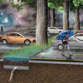 Perspective showcasing a proposed forested parking lot, a nature-based solution (NBS) intervention to enhance ecosystem co-benefits through stormwater management, green infrastructure, and ecology.