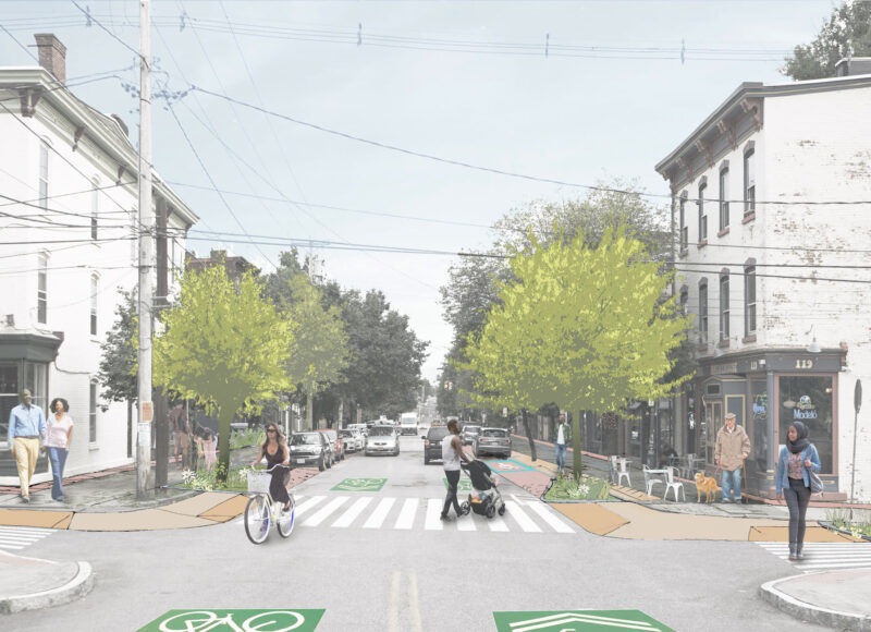 Perspective sketch of street-scale stormwater management strategies (image by ONE Architecture & Urbanism).