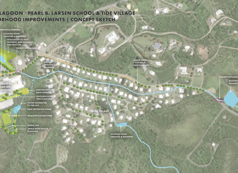 Pearl B. Larson School and Tide Village neighborhood improvements, showcasing site-level implementation of nature-based solutions (NBS) to enhance stormwater management and ecology throughout St. Croix.