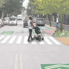 Close-up of perspective sketch of street-scale stormwater management strategies (image by ONE Architecture & Urbanism).