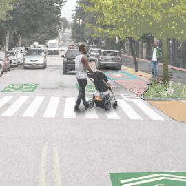 Close-up of perspective sketch of street-scale stormwater management strategies (image by ONE Architecture & Urbanism).