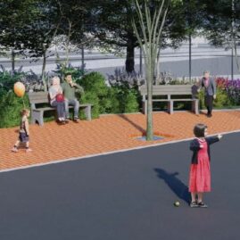 Close-up of rain garden and permeable pavers rendering for New York City public school.